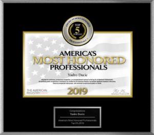 America’s Most Honored Professionals 2019 award, from The American Registry