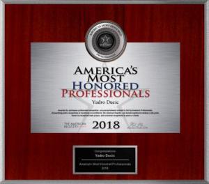 America’s Most Honored Professionals 2018 award, from the American Registry